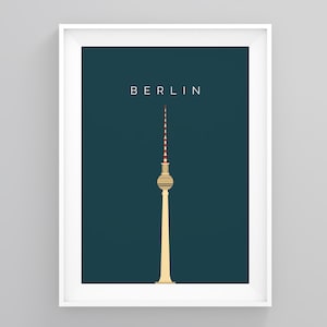May include: A minimalist illustration of the Berlin Television Tower, a landmark in Berlin, Germany. The tower is depicted in beige with a red and white striped antenna against a dark blue background. The word "BERLIN" is written in white at the top of the image.