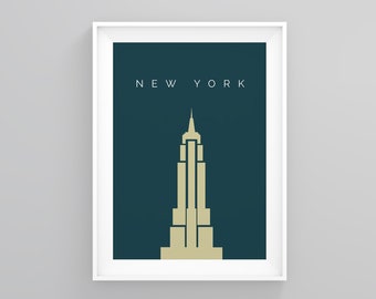 May include: A framed art print featuring a minimalist illustration of the Empire State Building in beige against a teal background. The word "NEW YORK" is printed in white at the top.