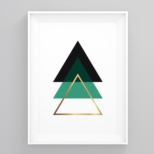 May include: A framed print featuring a geometric design with three overlapping triangles. The top triangle is black, the middle triangle is teal green, and the bottom triangle is outlined in gold.