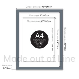 May include: A gray picture frame with a white mat and a black circle with the text "A4 Picture Frame with Mount for A5 Print". The frame is 13 inches by 33 inches and has a visible area of 11.4 inches by 29 inches. The frame width is 0.7 inches.