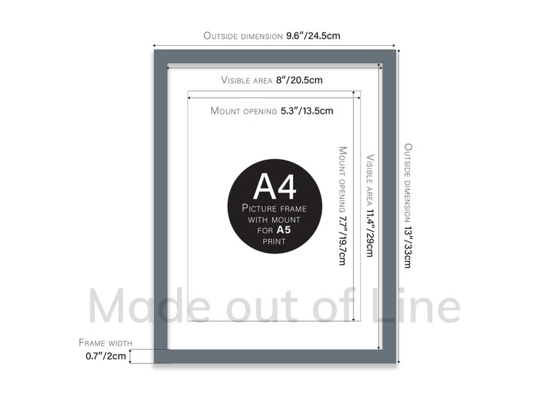 May include: A gray picture frame with a white mat and a black circle with the text "A4 Picture Frame with Mount for A5 Print". The frame is 13 inches by 33 inches and has a visible area of 11.4 inches by 29 inches. The frame width is 0.7 inches.