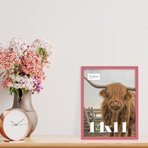 May include: A framed print featuring a Highland cow with long horns, set against a rural backdrop. The frame is a vibrant pink, and the print is labeled "14x11". A bouquet of flowers and a clock are also on the table.