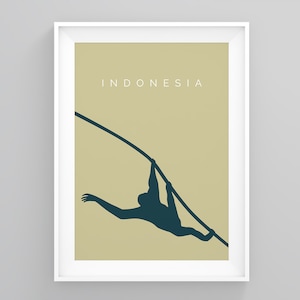 Indonesië reisposter, een ora-oetan swingend in een boom, reiziger kunst aan de muur, Borneo landmark print, cadeau-ideeën, reizen print, moderne kunst