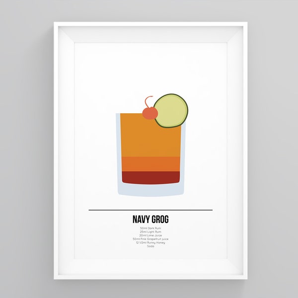 Navy Grog Cocktail, Poster Drinking Buddy, Framed Recipe Artwork, Kitchen Decor, Home Artwork Prints, Kitchen Art Poster, Framed Scandi Art