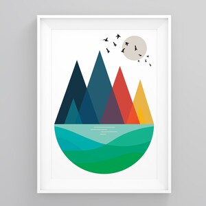Peaks With Birds, Minimalist Poster, Contemporary Art, Mid Century Abstract, Modern Framed Print, Minimal Typography, Abstract Wall Decor