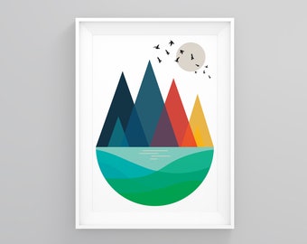 Peaks With Birds, Minimalist Poster, Contemporary Art, Mid Century Abstract, Modern Framed Print, Minimal Typography, Abstract Wall Decor
