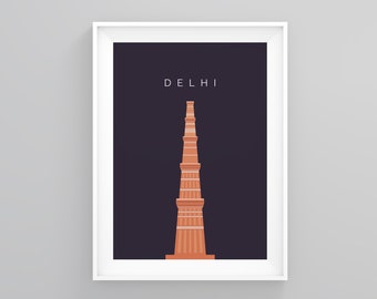 Delhi City Landmarks, Qutub Minar, Skyline Print, New Delhi Wanderlust Print, Travel Print, Framed Posters, House Print, Modern Wall Art,