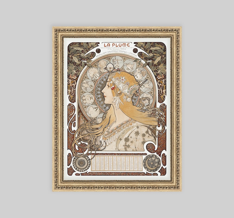 May include: A vintage art nouveau poster featuring a woman with flowing blonde hair and a crown of flowers. The poster is titled "La Plume" and features a decorative border with a calendar.