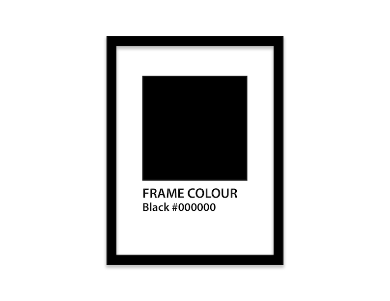 Op de afbeelding: Zwarte fotolijst met de tekst "FRAME COLOUR Black #000000"