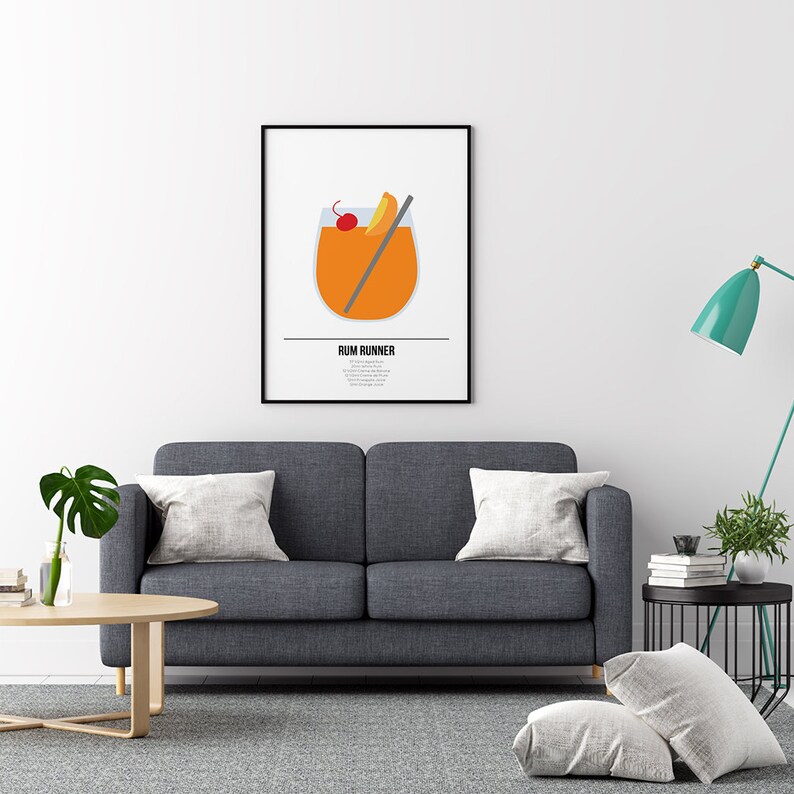 May include: A black and white poster with a minimalist illustration of a Rum Runner cocktail. The cocktail is in a glass with a cherry and a slice of orange. The text "RUM RUNNER" is below the illustration.