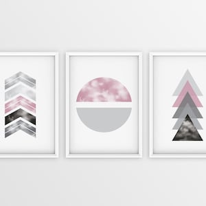 Geometric Shapes Lined Up | Pink And Gray Half Circles | Triangles Lined Up, Set Of 3 Wall Art, Contemporary Art, Graphic Print