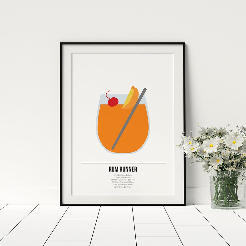 May include: A printable poster with a minimalist illustration of a Rum Runner cocktail. The poster has a black frame and the text "RUM RUNNER" and the ingredients for the cocktail are listed below the illustration.
