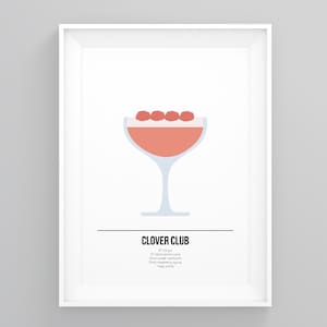 Clover Club Cocktail Poster, Gin-Liebhaber, Cocktaildruck, Wohnzimmer Wandkunst, Hauskunstdruck, Küchen Wandkunst, gerahmter Wanddruck