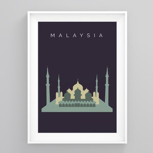 Malaysia Travel Poster, Crystal Mosque Kuala Terengganu, Malaysia Art Deco Travel Posters, Vintage Travel Posters, Travel Wall Decor