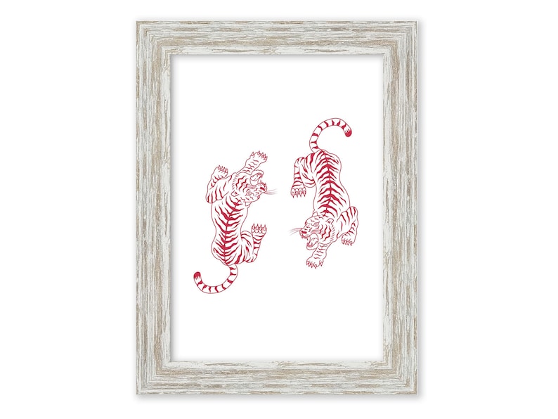 May include: A framed print with two red line drawings of tigers on a white background. The tigers are facing each other and appear to be in a playful pose.