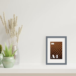 May include: A gray picture frame with a white mat and a photo of sand dunes. The frame is sitting on a white shelf with a vase of dried flowers and two potted plants.