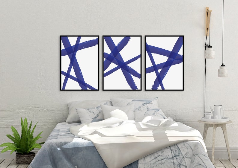 Blue Stroke Lines 2 Prints Illustrations Mid Century Abstract Set Of 3 Wall Art Blue Stroke Lines 3 Blue Stroke Lines 1