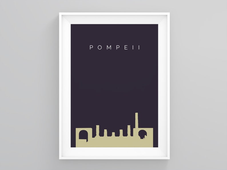 May include: A framed art print featuring a minimalist skyline silhouette in a light tan color against a dark purple background. The word "POMPEII" is printed in white at the top. The artwork is encased in a white frame.