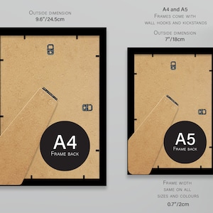 May include: Two black picture frames with brown cardboard backing. The larger frame is labeled "A4" with dimensions 13 inches by 33 inches. The smaller frame is labeled "A5" with dimensions 7 inches by 18 inches. Both frames come with wall hooks and kickstands. The frame width is 0.7 inches.