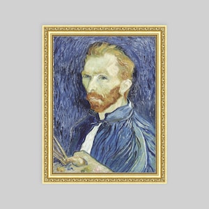 May include: A framed portrait of Vincent van Gogh, the artist, painting with a palette knife. He is wearing a blue jacket and has a thick, red beard.