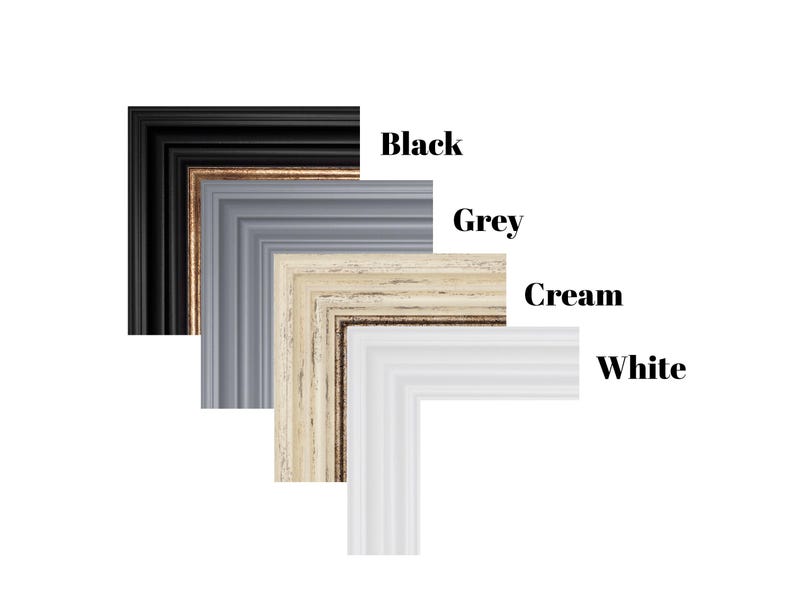 May include: Four picture frame corners in different colors: black, grey, cream, and white. The frames are stacked on top of each other, with the black frame at the top and the white frame at the bottom.