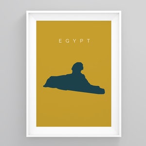 May include: A minimalist poster with a yellow background and a dark blue silhouette of the Great Sphinx of Giza. The text "EGYPT" is printed in white at the top of the poster.