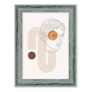 May include: A framed print with a line drawing of a woman's face with a brown and orange abstract design behind it.