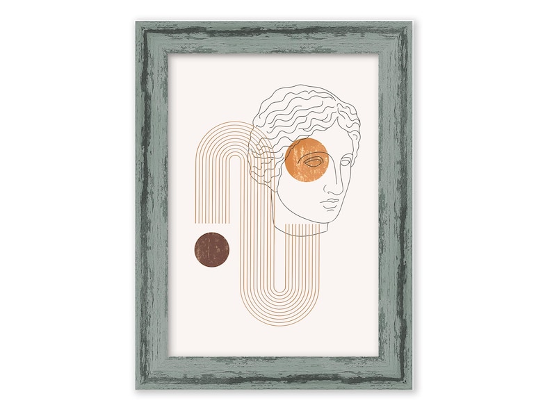 May include: A framed print with a line drawing of a woman's face with a brown and orange abstract design behind it.