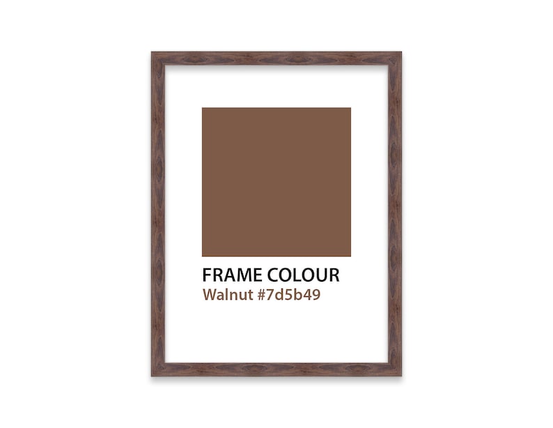 Op de afbeelding: Een bruin houten fotolijst met de tekst "FRAME COLOUR Walnut #7d5b49" onderaan.
