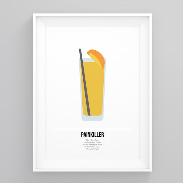 Original Painkiller Recipe, Cocktail Poster, Kitchen Wall Art, Simplistic Design, Wall Art, Framed Wall Print, Minimalist Framed