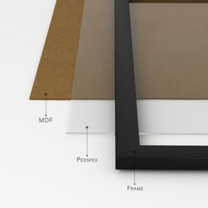 Op de afbeelding: Close-up van een zwart frame met een heldere Perspex-plaat en een MDF-achterkant. Het frame is gemaakt van hout en heeft een eenvoudig, modern ontwerp.