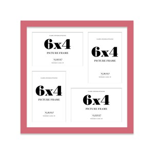 May include: A pink picture frame with four 6x4 inch openings. The frame is made by Almost Frameless and is handmade in London, UK.