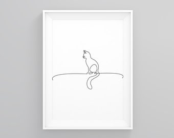 Sitzende Katze, Einzellinie Zeichnung, Gallerie Wand Dekor, moderne Kunst, Wand Kunst Druck, Katzenbesitzer, Katzen Geschenke, moderne Wand Kunst, schwarz und weiß