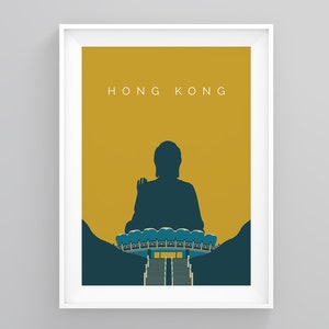 Hong Kong Vintage Travel Poster, Tian Tan Buddha Hong Kong, Landmark Wall Art, Hong Kong Travel Poster, Scandi Print, Home Decor, Modern Art