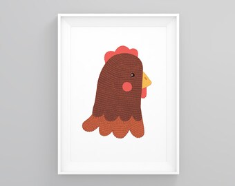 May include: A brown and red cartoon chicken with a yellow beak and a red comb. The chicken is facing to the right and has a simple, stylized design.