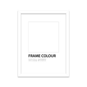 Op de afbeelding: Witte fotolijst met de tekst "FRAME COLOUR White #ffffff" onderaan.
