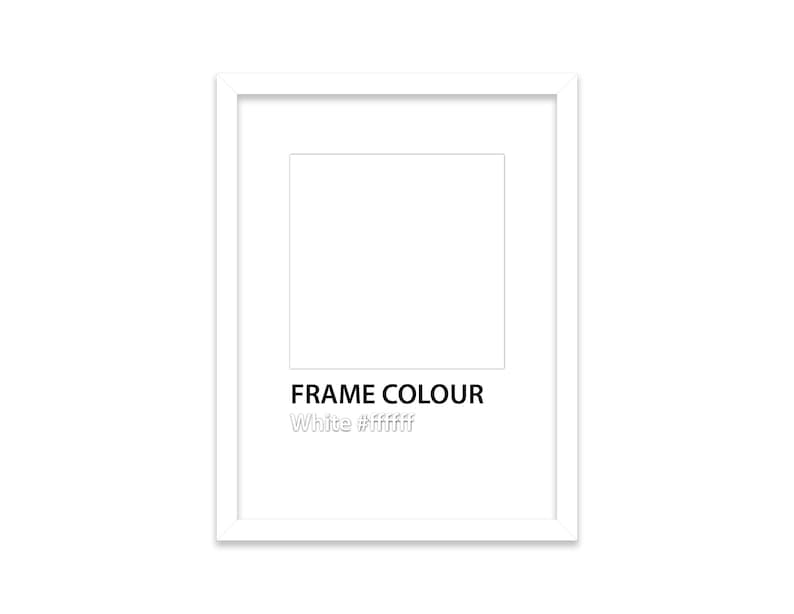 Op de afbeelding: Witte fotolijst met de tekst "FRAME COLOUR White #ffffff" onderaan.