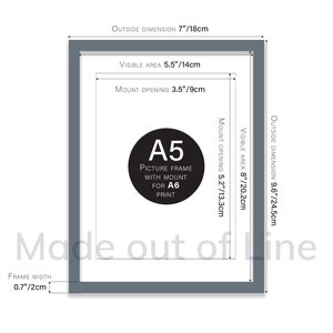 May include: A gray picture frame with a white mat and a black circle with the text "A5 Picture Frame with Mount for A6 Print". The frame is 7 inches by 9.6 inches and has a 0.7 inch wide frame.