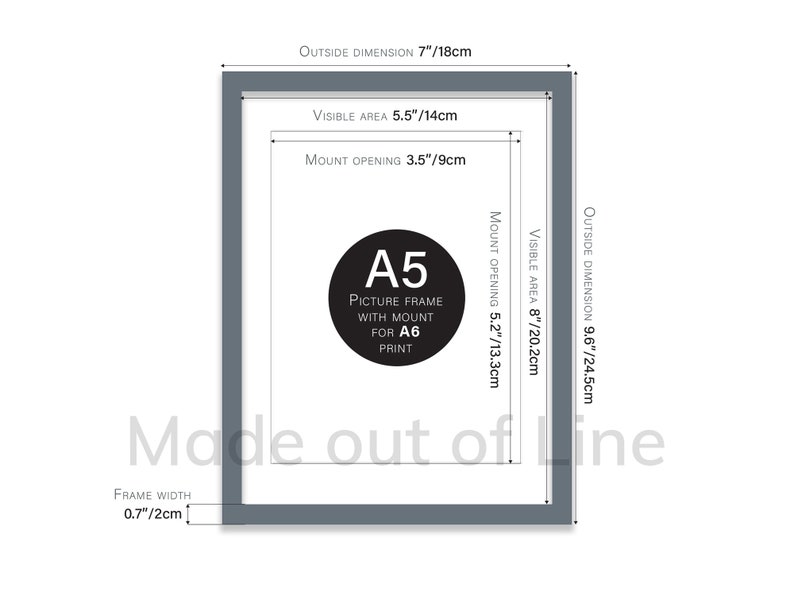 May include: A gray picture frame with a white mat and a black circle with the text "A5 Picture Frame with Mount for A6 Print". The frame is 7 inches by 9.6 inches and has a 0.7 inch wide frame.