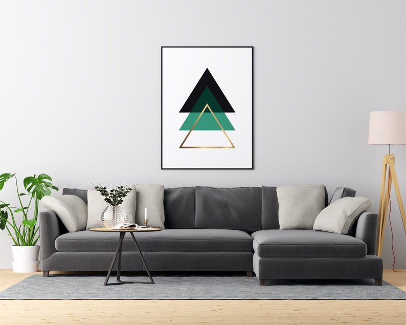Green Black And Gold Triangles Geometric Wall Decor Mid Etsy