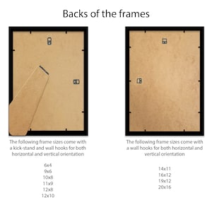 Op de afbeelding: Achterkanten van fotolijsten met een bruine kartonnen achterkant en zwarte lijsten. De lijsten worden geleverd met een standaard en wandhaken voor zowel horizontale als verticale ori&euml;ntatie. De volgende maten zijn beschikbaar: 6x4, 9x6, 10x8, 11x9, 12x8, 12x10, 14x11, 16x12, 19x12, 20x16.