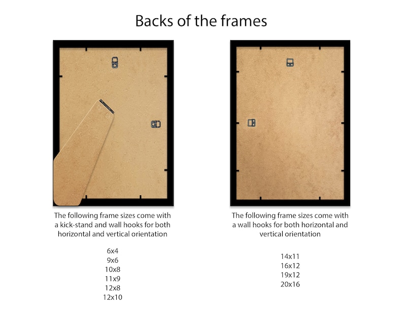 Op de afbeelding: Achterkanten van fotolijsten met een bruine kartonnen achterkant en zwarte lijsten. De lijsten worden geleverd met een standaard en wandhaken voor zowel horizontale als verticale ori&euml;ntatie. De volgende maten zijn beschikbaar: 6x4, 9x6, 10x8, 11x9, 12x8, 12x10, 14x11, 16x12, 19x12, 20x16.