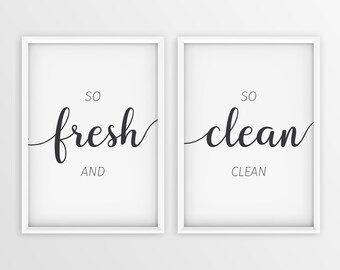 So Fresh And | So Clean Clean, Funny Bathroom Art, Washroom Funny Print, Set Of 2 Framed Art, 2 Pieces Wall Art, Minimalist Framed