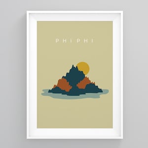 May include: A minimalist illustration of a mountain island with a yellow sun in the sky. The text "PHIPHI" is at the top of the image.