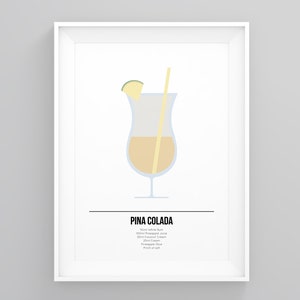 Póster de cóctel, impresión de piña colada, ingredientes alcohólicos, obra enmarcada, minimalista, impresiones para cocina y comedor.
