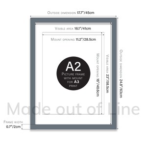 May include: A gray picture frame with a white mat and a black circle with the text "A2 Picture Frame with Mount for A3 Print". The frame is 17.7 inches by 24.8 inches and has a 0.7 inch wide frame.