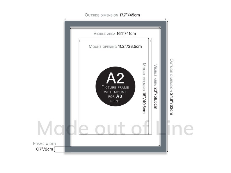 May include: A gray picture frame with a white mat and a black circle with the text "A2 Picture Frame with Mount for A3 Print". The frame is 17.7 inches by 24.8 inches and has a 0.7 inch wide frame.