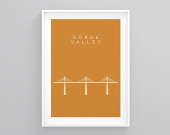 May include: A minimalist print with a white outline of a bridge on a mustard yellow background. The text "GORGE VALLEY" is centered at the top of the print.