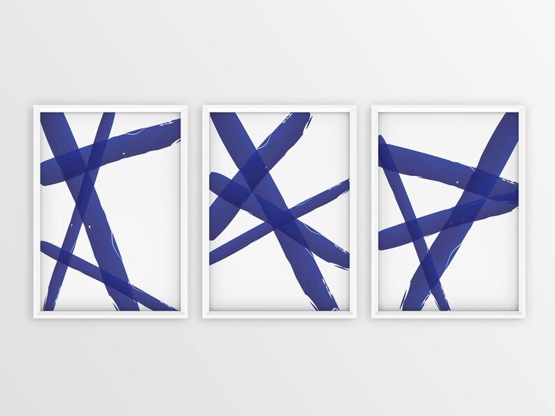 Blue Stroke Lines 2 Prints Illustrations Mid Century Abstract Set Of 3 Wall Art Blue Stroke Lines 3 Blue Stroke Lines 1
