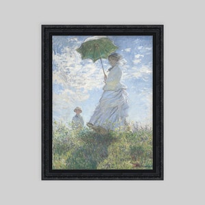 May include: A painting of a woman in a white dress holding a green parasol, walking in a field with a child in a straw hat. The sky is blue with white clouds.